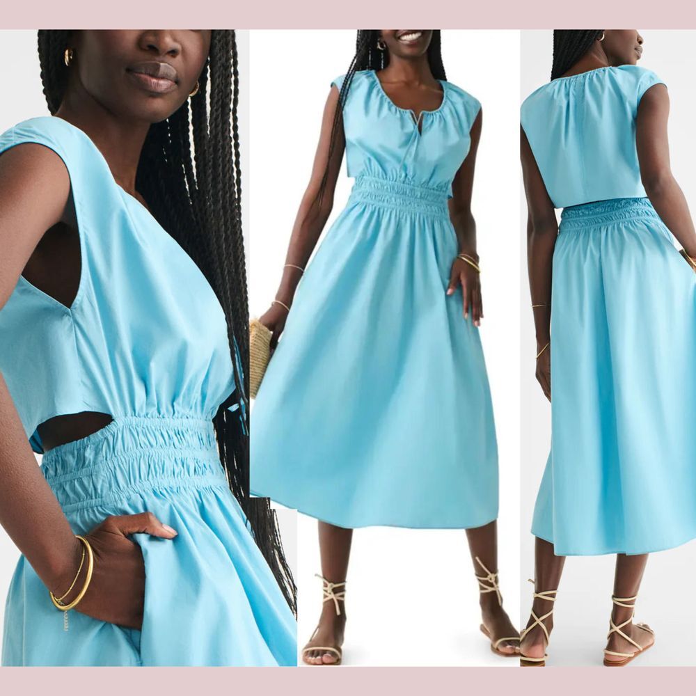 NWT $198 Faherty [‎ Small ] Open Back Cotton Amalfi Midi Dress in Blue #Q918